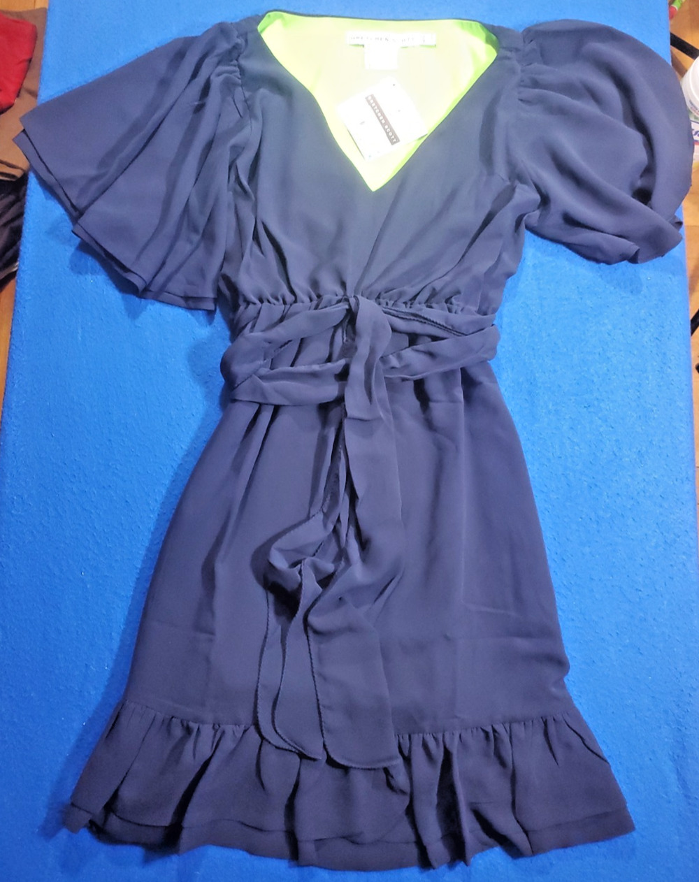 Gretchen Scott Solid Melody Dress Navy Blue Flutter Sleeve Ruffle Size XS NEW